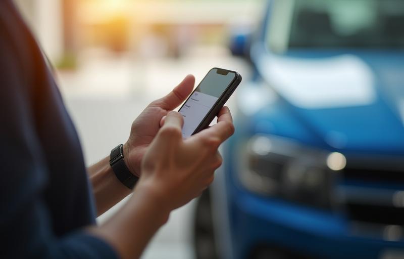 Hand clicking a button on a mobile phone with a sparkling car in the background