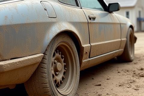 Dirty car exterior before wash, showing mud and grime