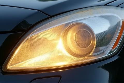 Cloudy, yellowed car headlight before restoration