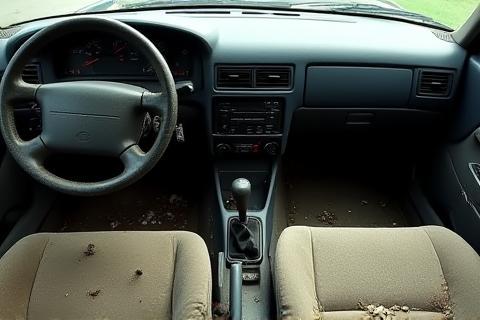 Messy car interior before cleaning, showing dirt and clutter